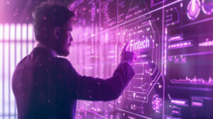 business professional using futuristic fintech digital interface