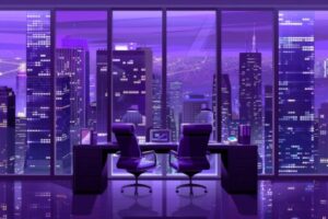 modern office with view city skyline night symbolizing business success innovation