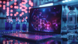 laptop displaying molecular structures with glowing pink blue hues modern scientific lab