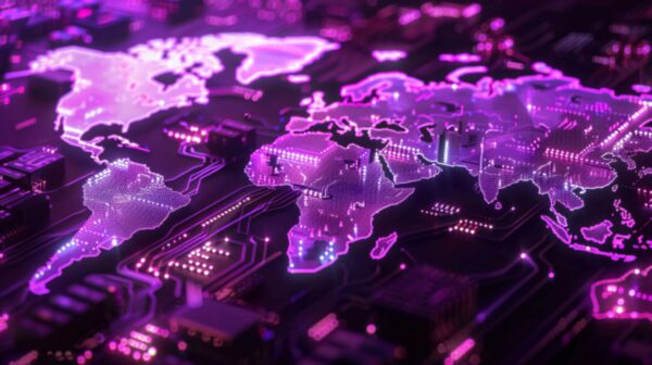 purple neon world map circuit board theme technology futuristic digital glowing vibrant cy