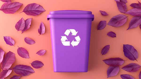 purple recycling bin with leaves coral background waste management 3d illustration